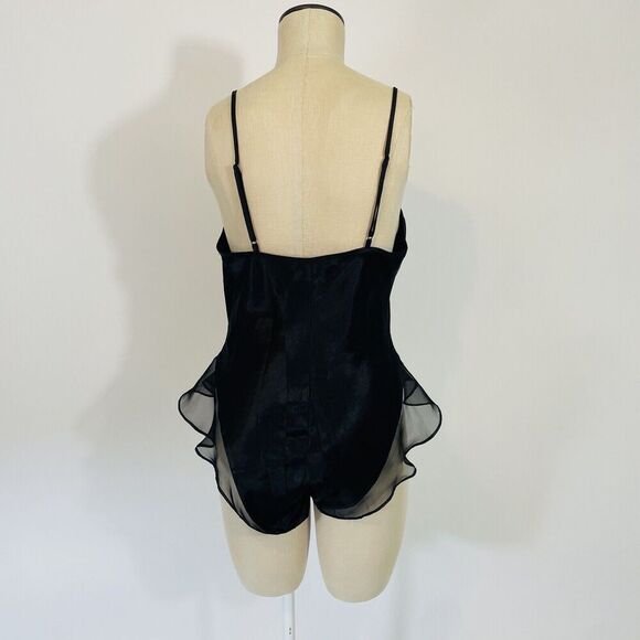 Vintage Josie Lingerie Satin Bodysuit Women's Size Medium Black Lace Bow - Picture 6 of 10